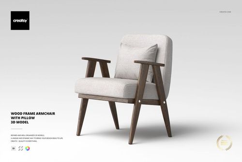 Wood frame armchair with light gray pillow, angled front view, set against a plain light background.