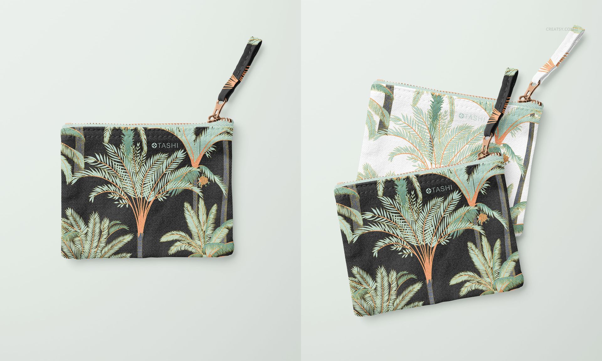 Flat canvas pouch with fabric zipper pull featuring tropical palm tree pattern, shown from top view on light background.