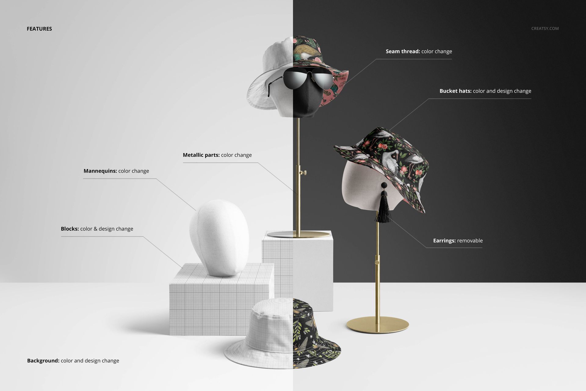 Mockup of reversible bucket hats with varied designs, shown on white and gold stands against a two-tone backdrop.