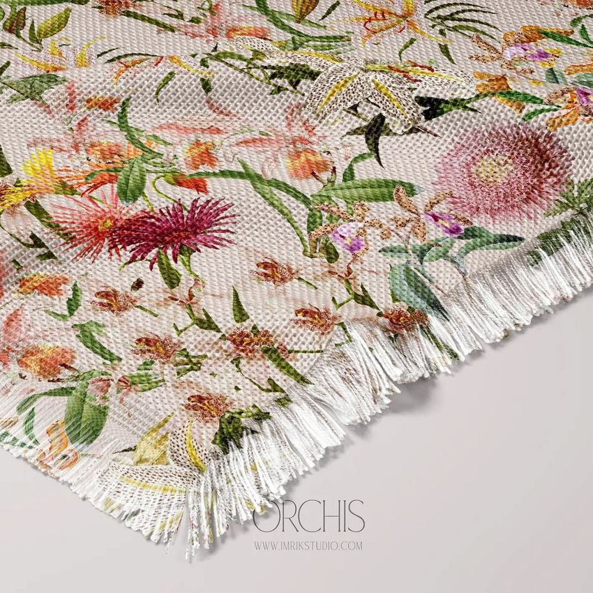 Polyester woven coverlet mockup featuring a close-up of a floral patterned fabric with fringe edges on a light surface.