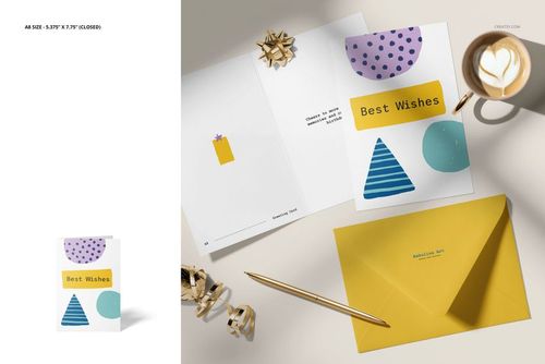 Flat lay of greeting cards, envelope, and coffee cup, with abstract patterns and decorative bow, illustrating stationery mockup.