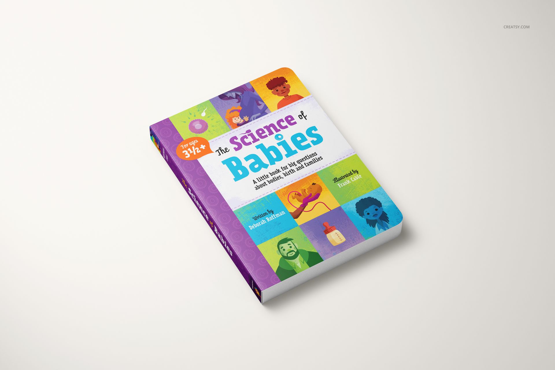 Board book mockup displayed on a light surface, showing a vibrant cover with playful illustrations and title.