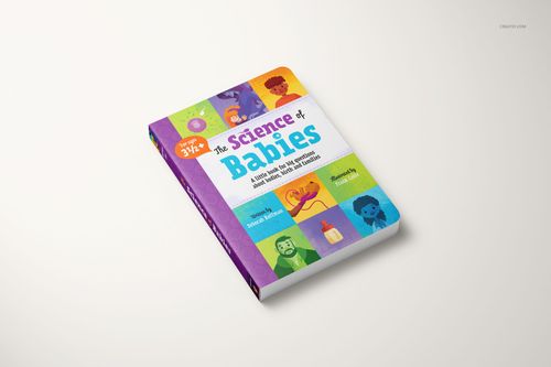 Board book mockup displayed on a light surface, showing a vibrant cover with playful illustrations and title.