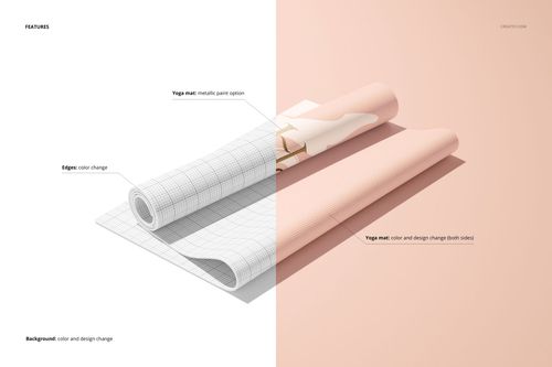 Rolled yoga mat mockup shown from an angled top view, split between grid pattern and soft pink design on a light background.
