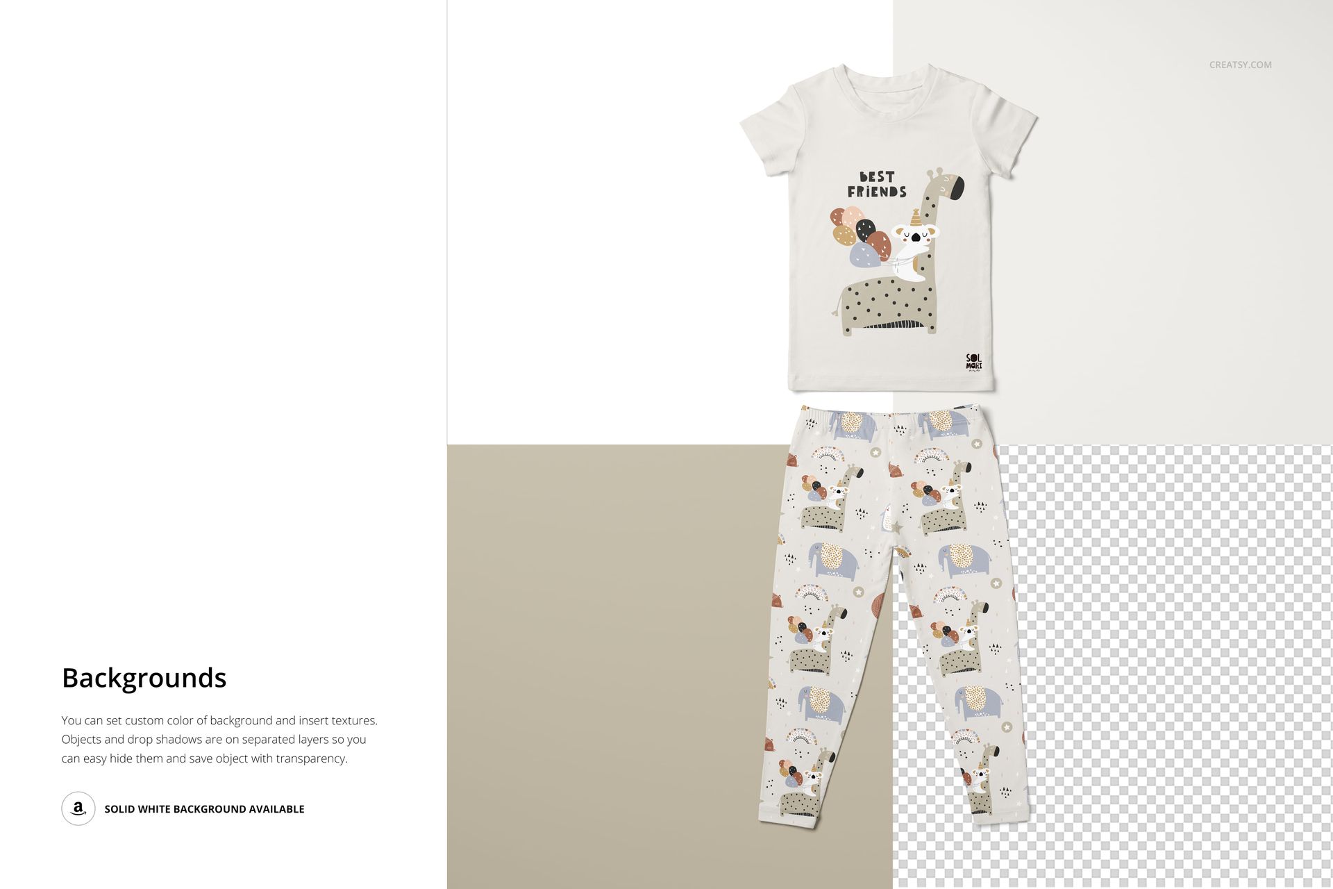 Kids short sleeve pajama set mockup with dog illustrations, shown in a top view on a split white and beige background.