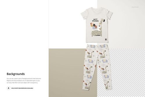 Kids short sleeve pajama set mockup with dog illustrations, shown in a top view on a split white and beige background.