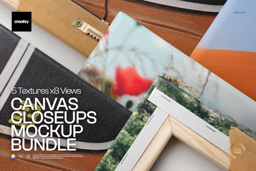 Detailed mockup of canvas print surfaces and wooden frames, featuring various fabric textures and colorful artwork.