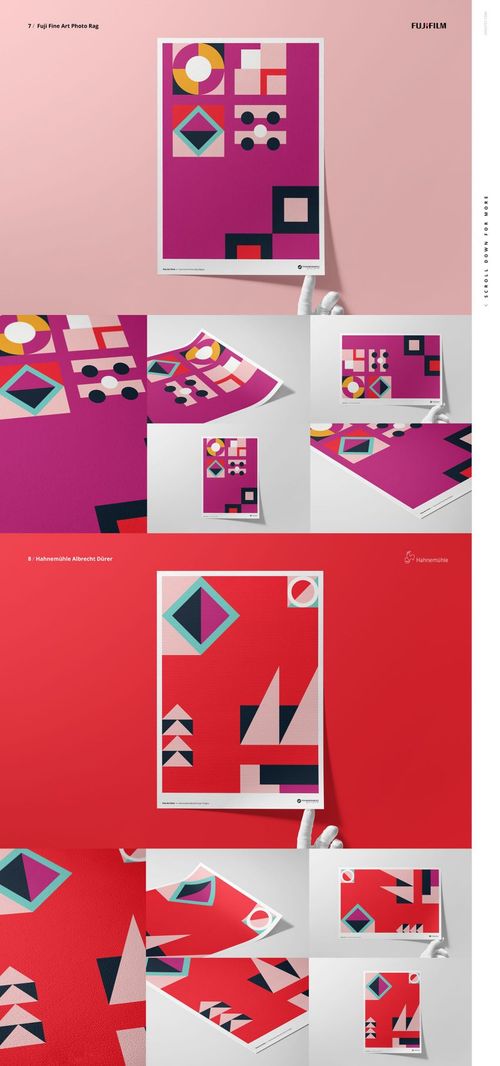 A3 fine art print mockup bundle featuring geometric abstract designs in bold pink, red, and green tones, shown from various angles.