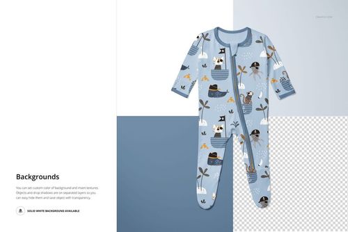 Blue baby footie onesie with playful animal print, shown in a front view mockup with two way zipper detail.