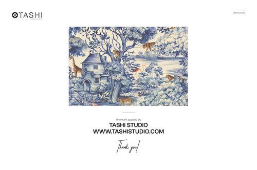 Front view of a curtain mockup featuring a detailed blue and white nature scene with trees, animals, and a house.