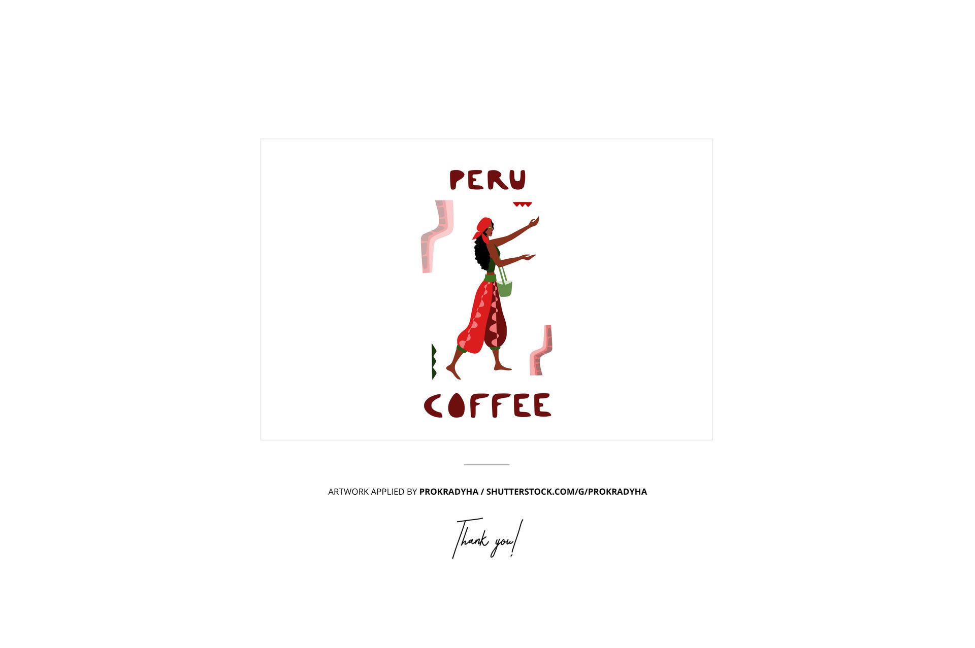 Front view of a side gusset bag mockup featuring a stylized illustration of a woman in red with 'Peru Coffee' text.