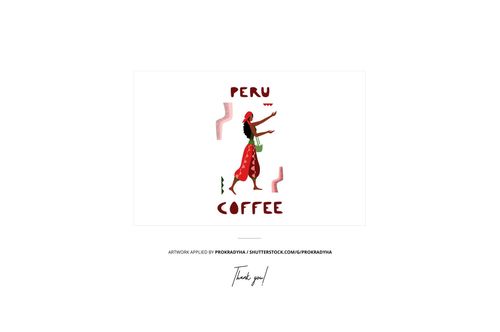 Front view of a side gusset bag mockup featuring a stylized illustration of a woman in red with 'Peru Coffee' text.