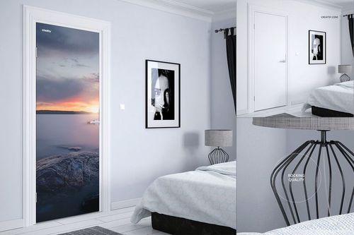 PSD mockup of a bedroom with a sunset door mural, white bed linens, gray wall, and a black-and-white framed artwork.