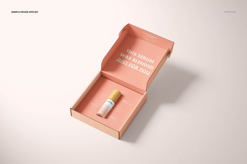 Top view of a pink mailing box mockup with an open lid, featuring a cosmetic bottle and printed text inside.