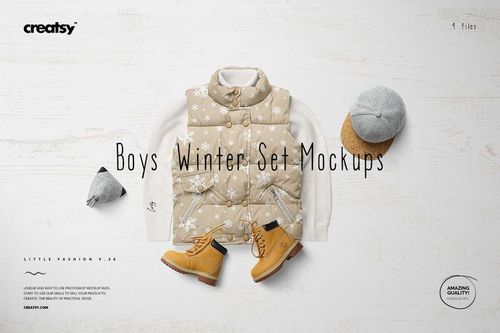 Boys winter set mockup featuring a beige puffer vest with white floral pattern, white sweater, tan boots, and two gray caps on a light wooden surface.