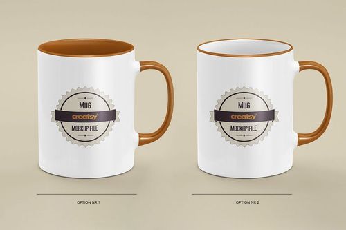 White mugs featuring brown rims and handles displayed in a PSD mockup set with simple beige backdrop.