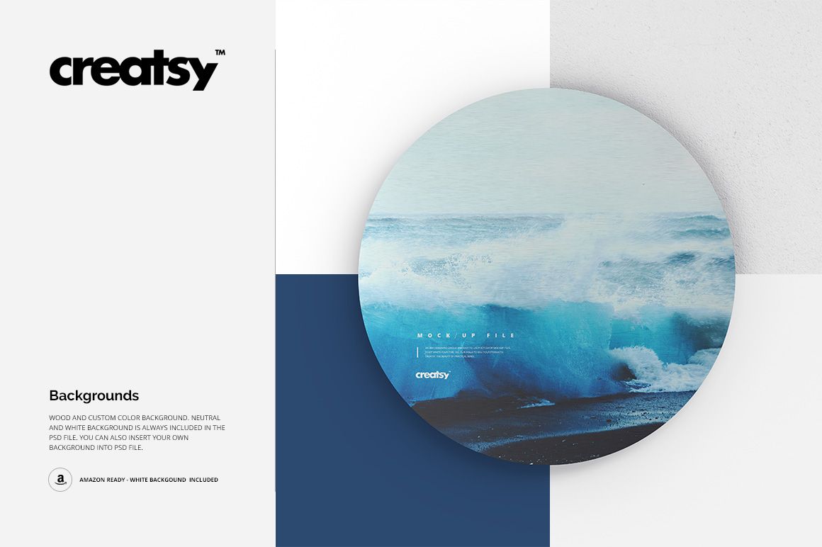 Front view of a circular metal disk print mockup showing a blue wave pattern, set against a clean white wall.