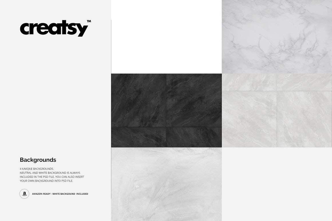Round corners rug mockup featuring four tile backgrounds in white, black, and marble textures, top view layout.
