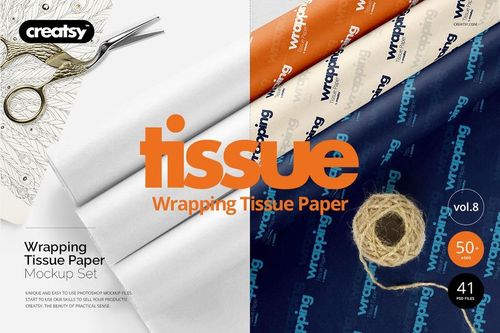 Wrapping tissue paper mockup set featuring three sheets in white, orange, and navy blue, displayed from a top view.