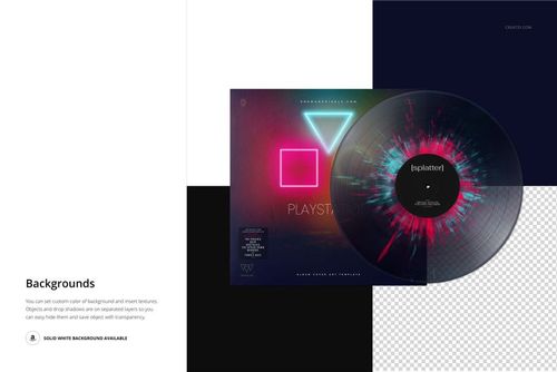 Front view of a vinyl record with a colorful splatter effect next to its cover, displayed on a layered mockup background.