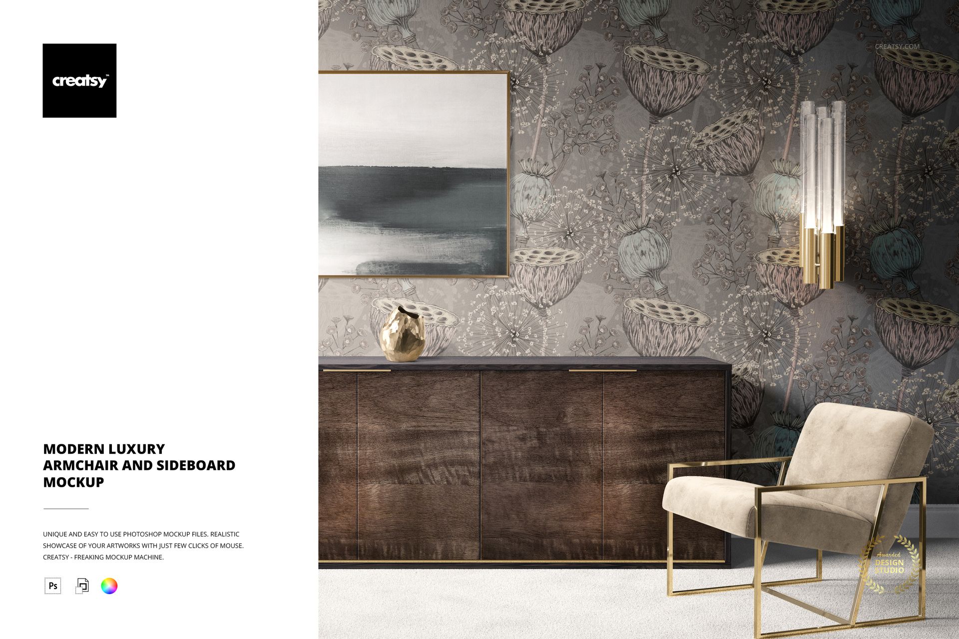 Contemporary armchair and sideboard mockup featuring neutral tones, floral wallpaper, and a decorative lamp in a stylish interior.