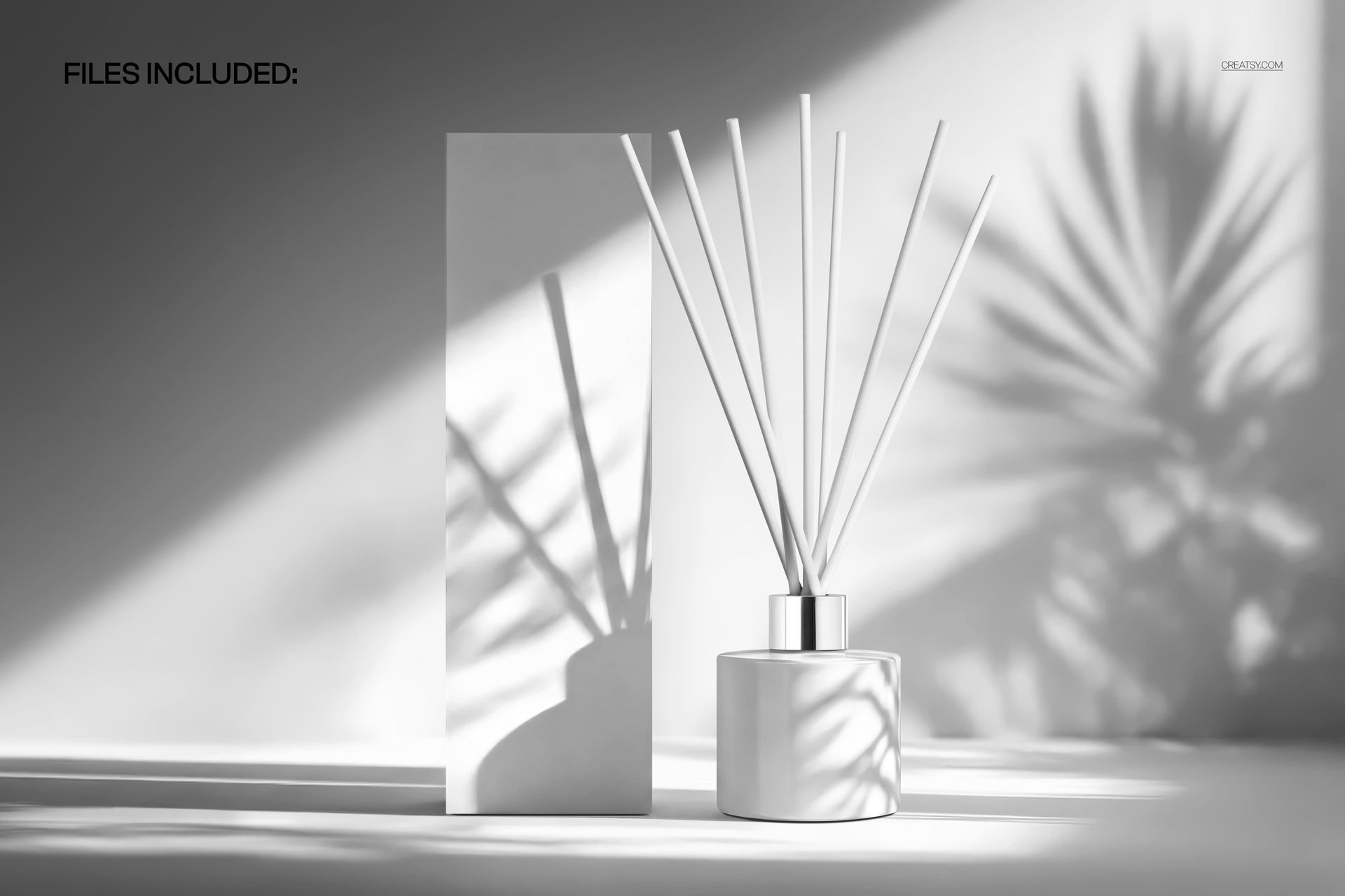 Reed diffuser mockup featuring a cylindrical bottle and white box, illuminated by sunlight and palm leaf shadows.