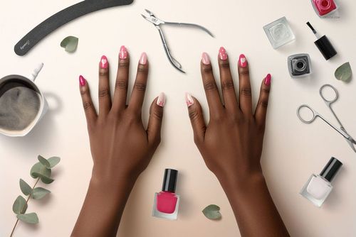PSD mockup showing hands with glossy nails, nail polish, manicure tools, and greenery on a neutral background.