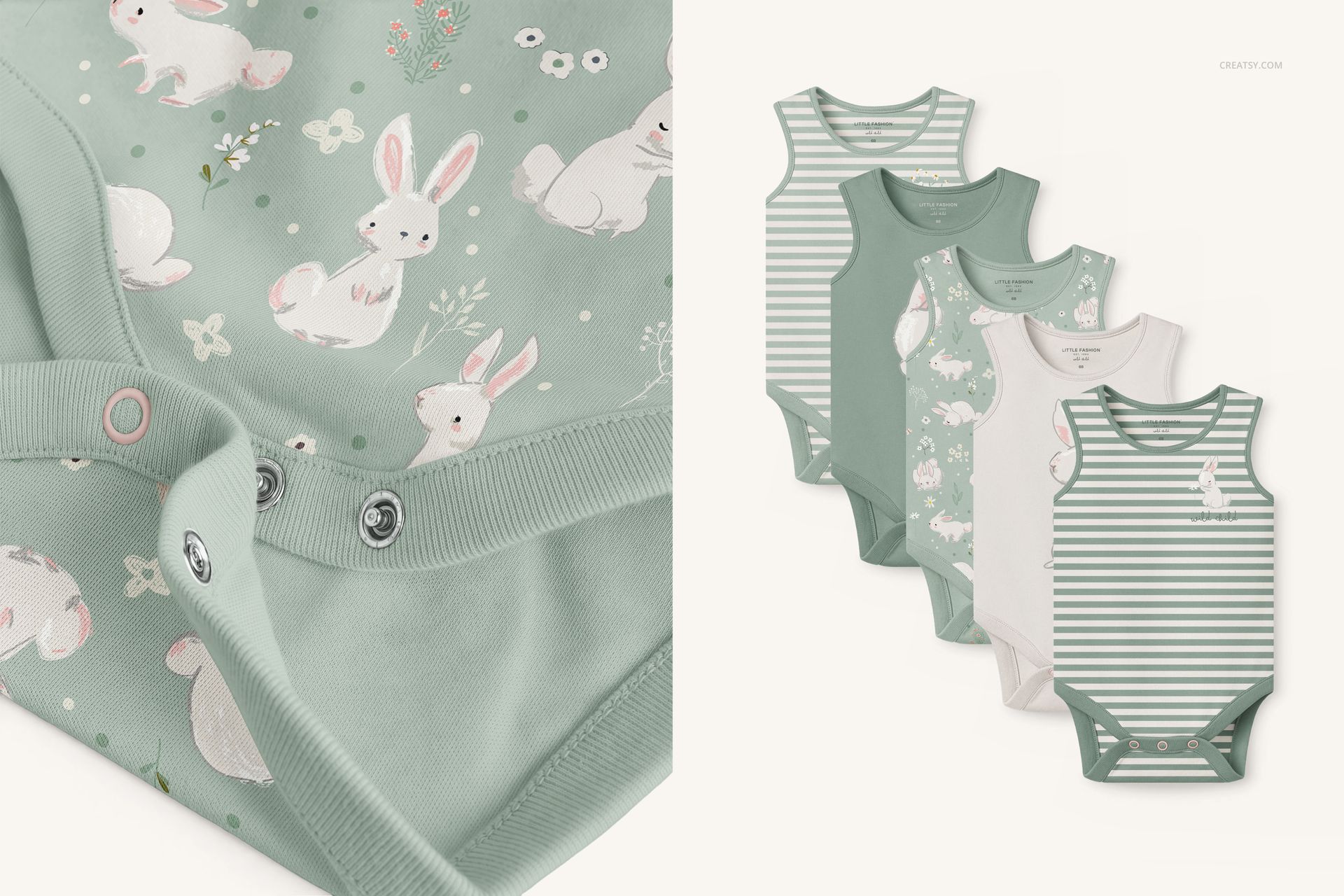 PSD mockup of sleeveless baby bodysuits in pastel green shades, featuring bunny illustrations and stripes.