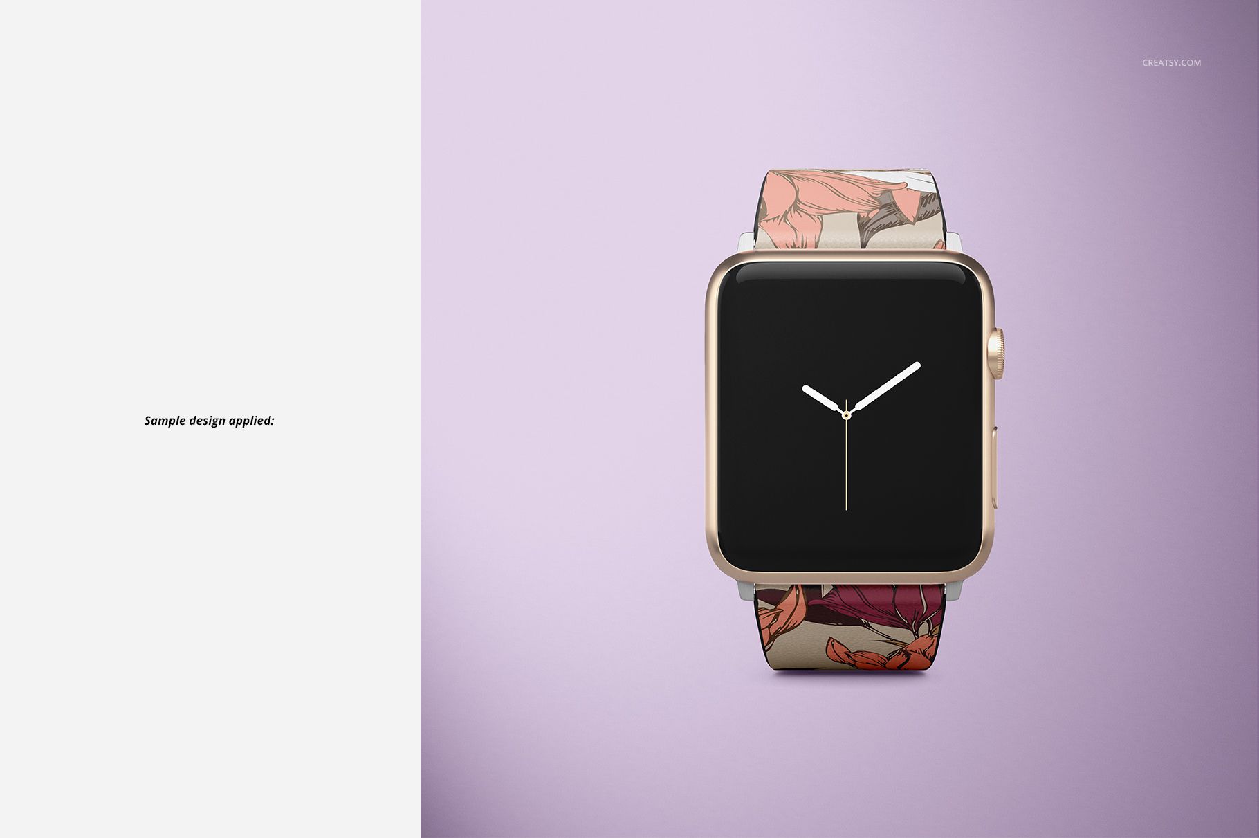 Apple Watch PSD mockup showing a gold watch with a patterned leather strap against a pastel purple backdrop.