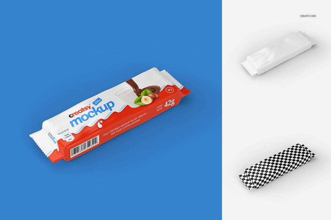 Rectangular bar package mockup with red, white, and blue design, shown in perspective view on a blue background.