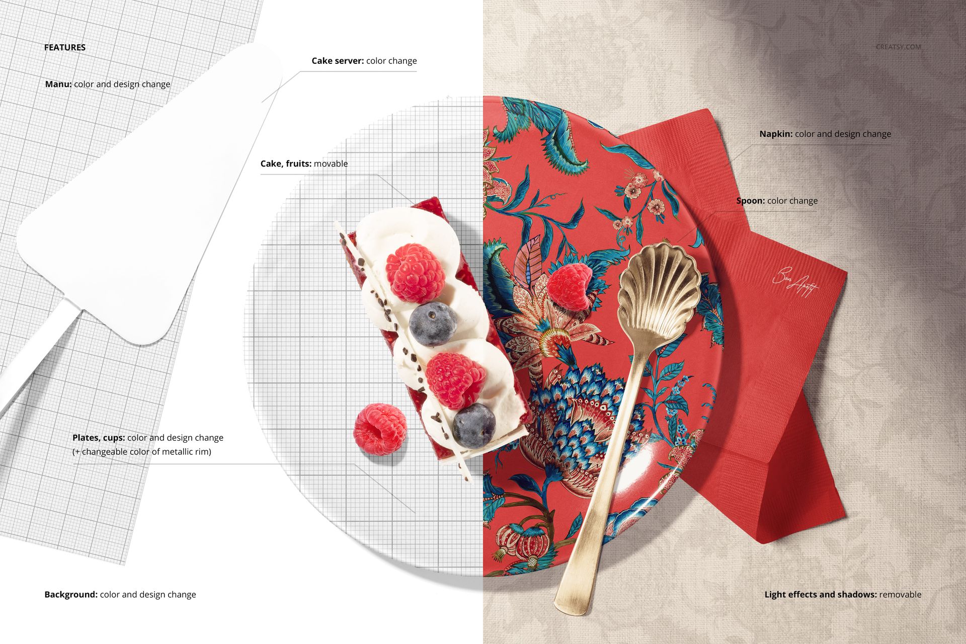 Top view of a ceramic plate mockup with a floral pattern, gold spoon, red napkin, and dessert on a textured surface.