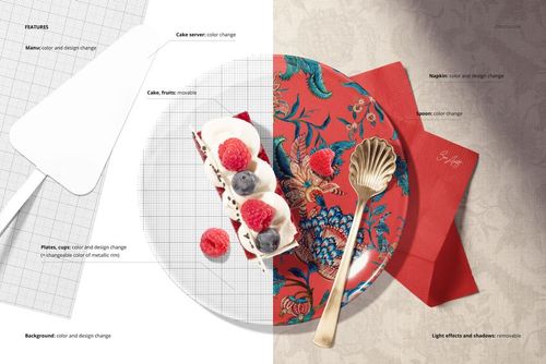 Top view of a ceramic plate mockup with a floral pattern, gold spoon, red napkin, and dessert on a textured surface.