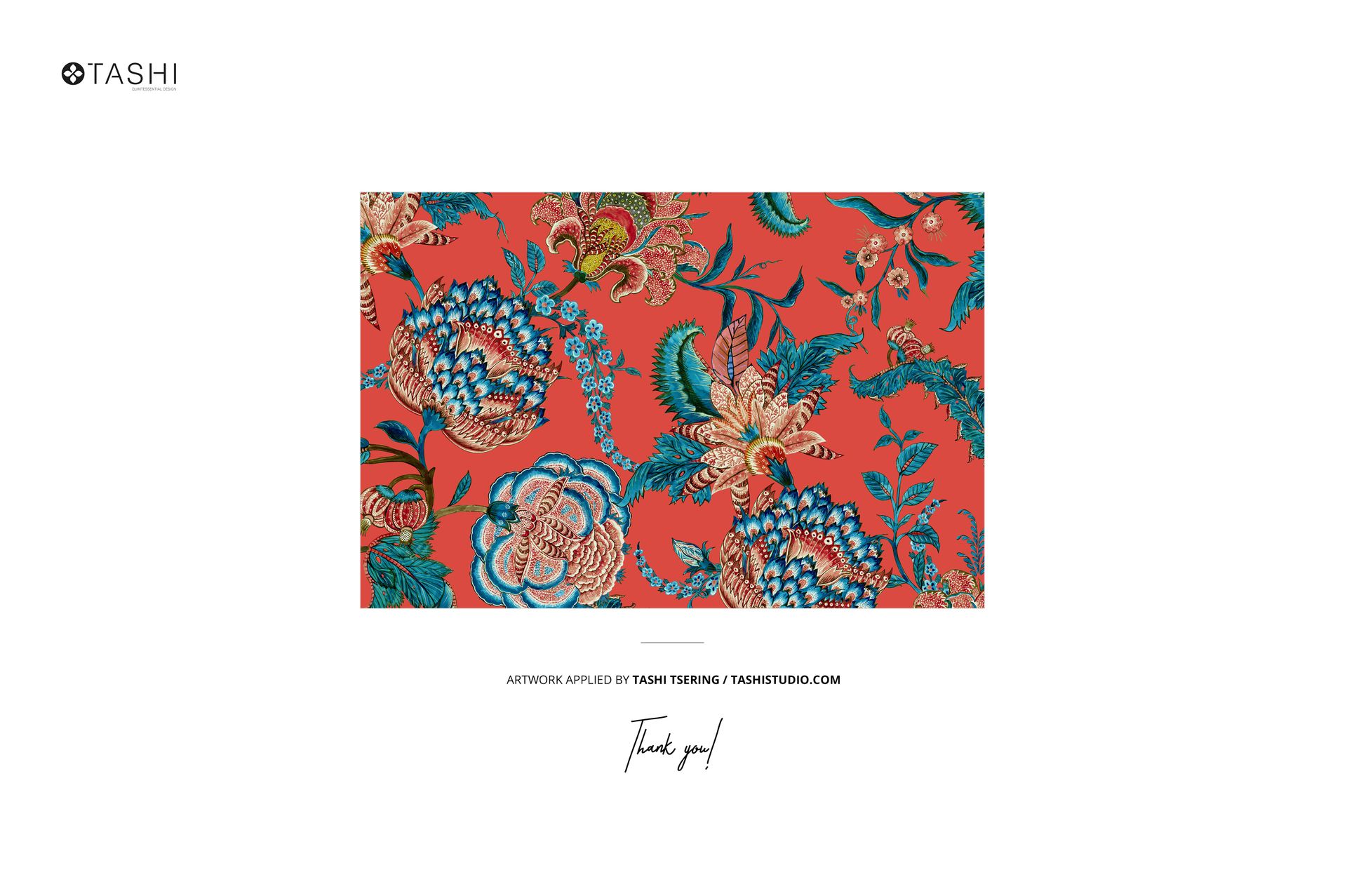 Rectangular ceramic plate mockup featuring a vibrant floral pattern in blue, gold, and green on a red background.