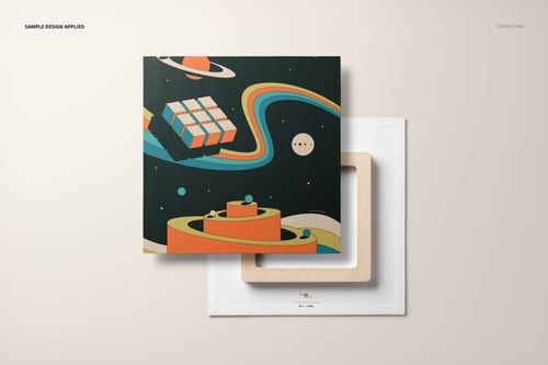 Square canvas wall art mockup featuring a retro space-themed design with geometric shapes and planets, front and back view.