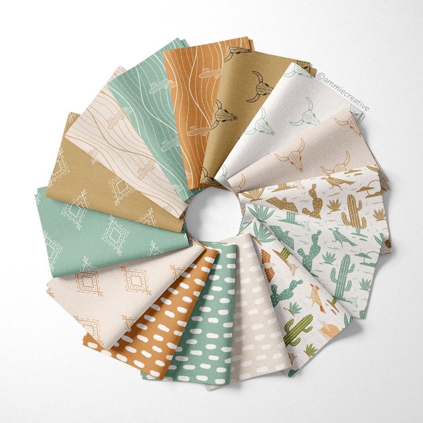 Folded fabric swatches mockup arranged in a circular pattern, featuring southwestern motifs in earthy greens, tans, and oranges.