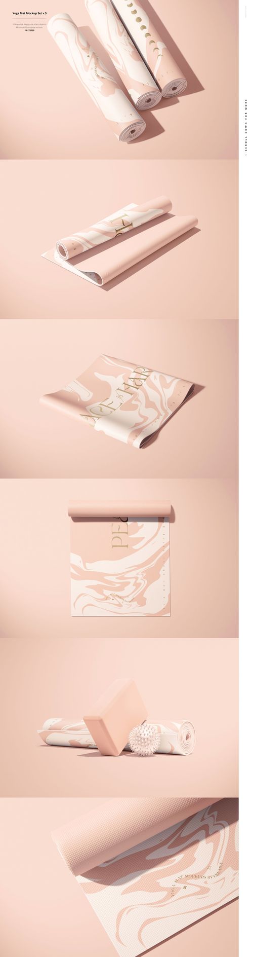 High-resolution PSD mockup of sport equipment with yoga mats in different arrangements, showcasing abstract patterns.