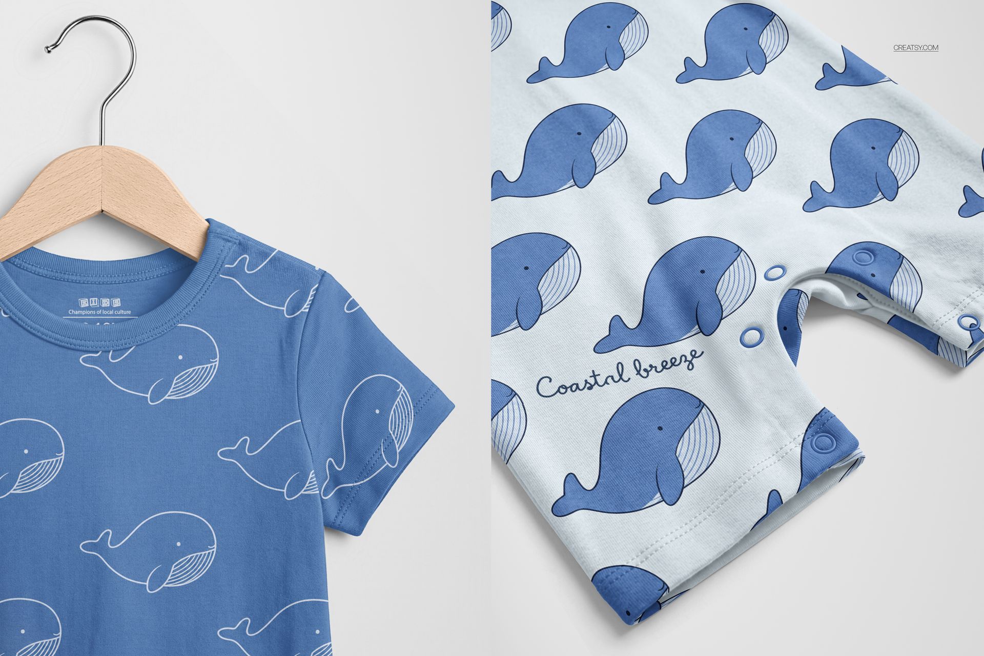 Baby romper suit mockup with blue whale pattern, shown in front view on hanger and close-up of leg details.