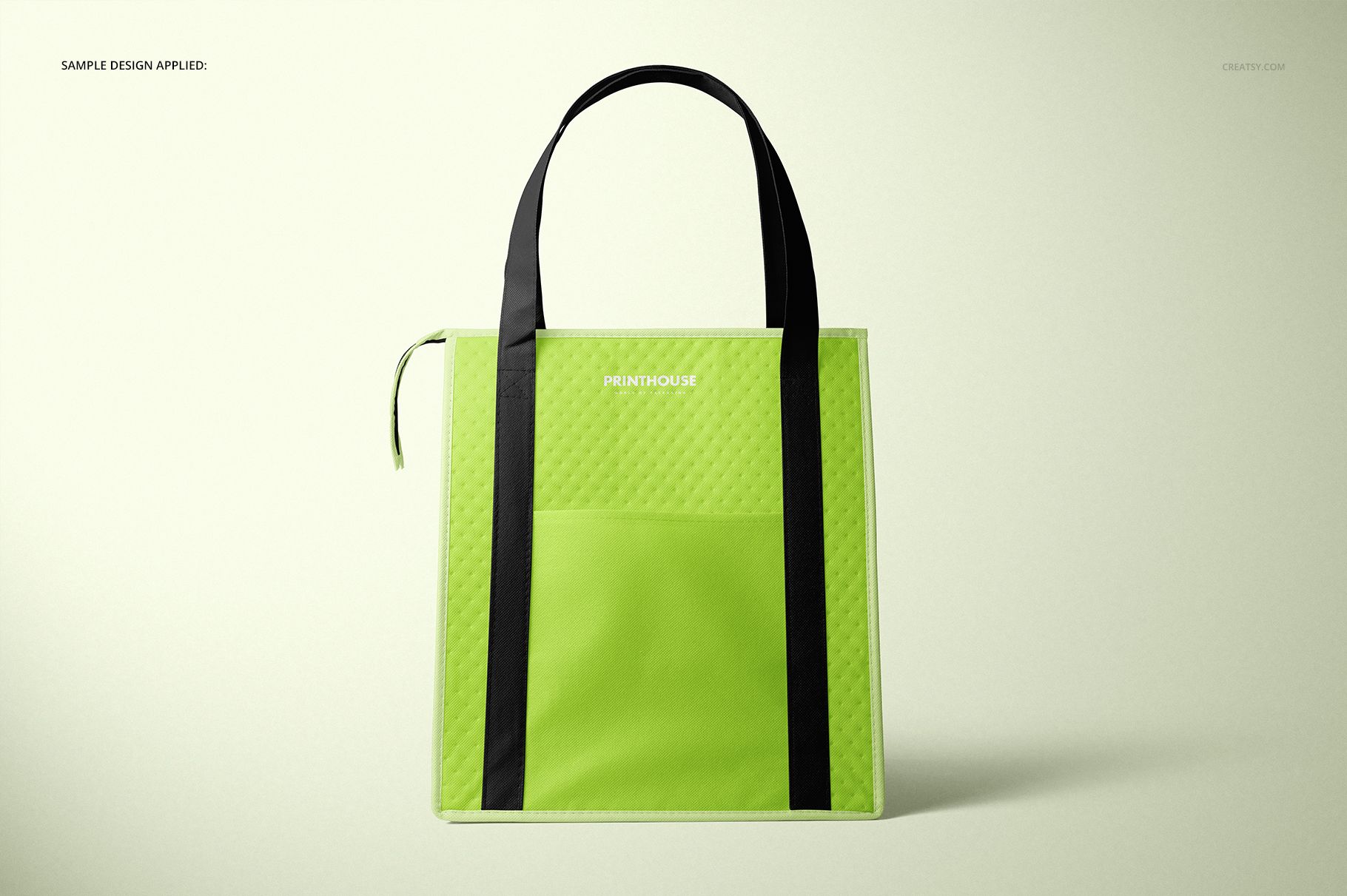 Therm-O-Tote insulated cooler bag mockup shown from the front, lime green with black straps and stitched accents.