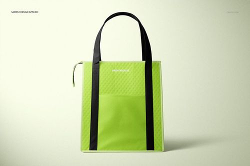 Therm-O-Tote insulated cooler bag mockup shown from the front, lime green with black straps and stitched accents.