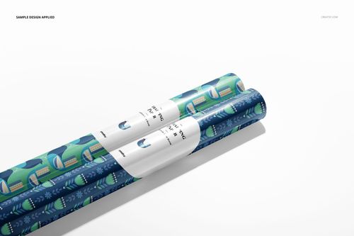 Rolled gift wrapping paper mockup showing blue and green designs, arranged side by side on a plain white background.