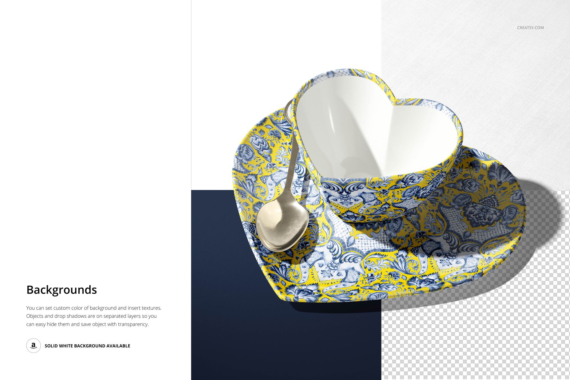Top view of a heart-shaped cup mockup set with matching saucer and spoon, featuring intricate blue and yellow design.