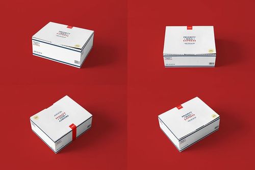 Set of mailing box mockups displayed in various perspectives, featuring white surfaces and colored details.