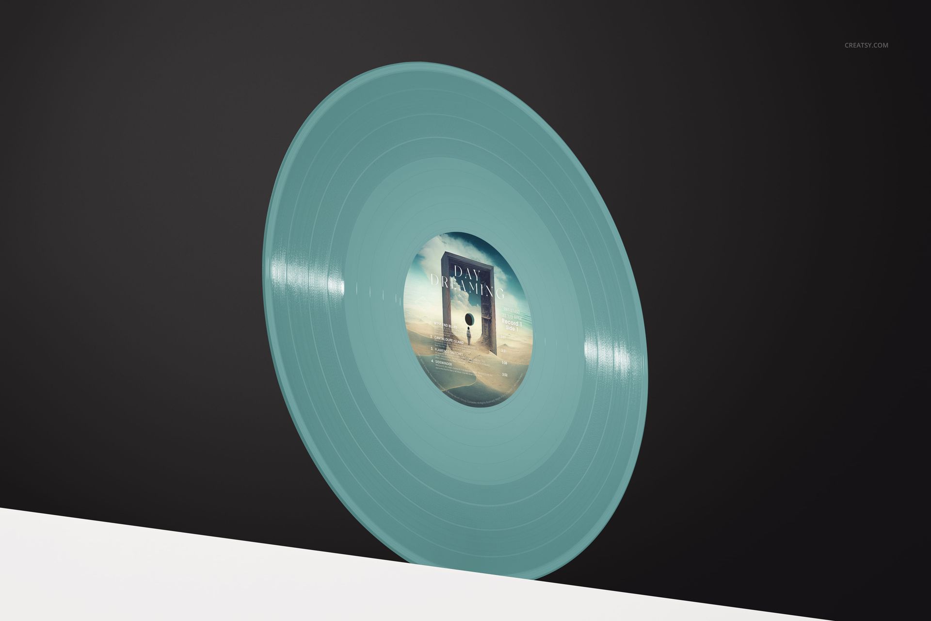 Single turquoise vinyl record mockup shown at an angle with a visible custom label and a minimalist backdrop.