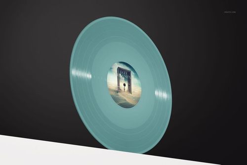 Single turquoise vinyl record mockup shown at an angle with a visible custom label and a minimalist backdrop.