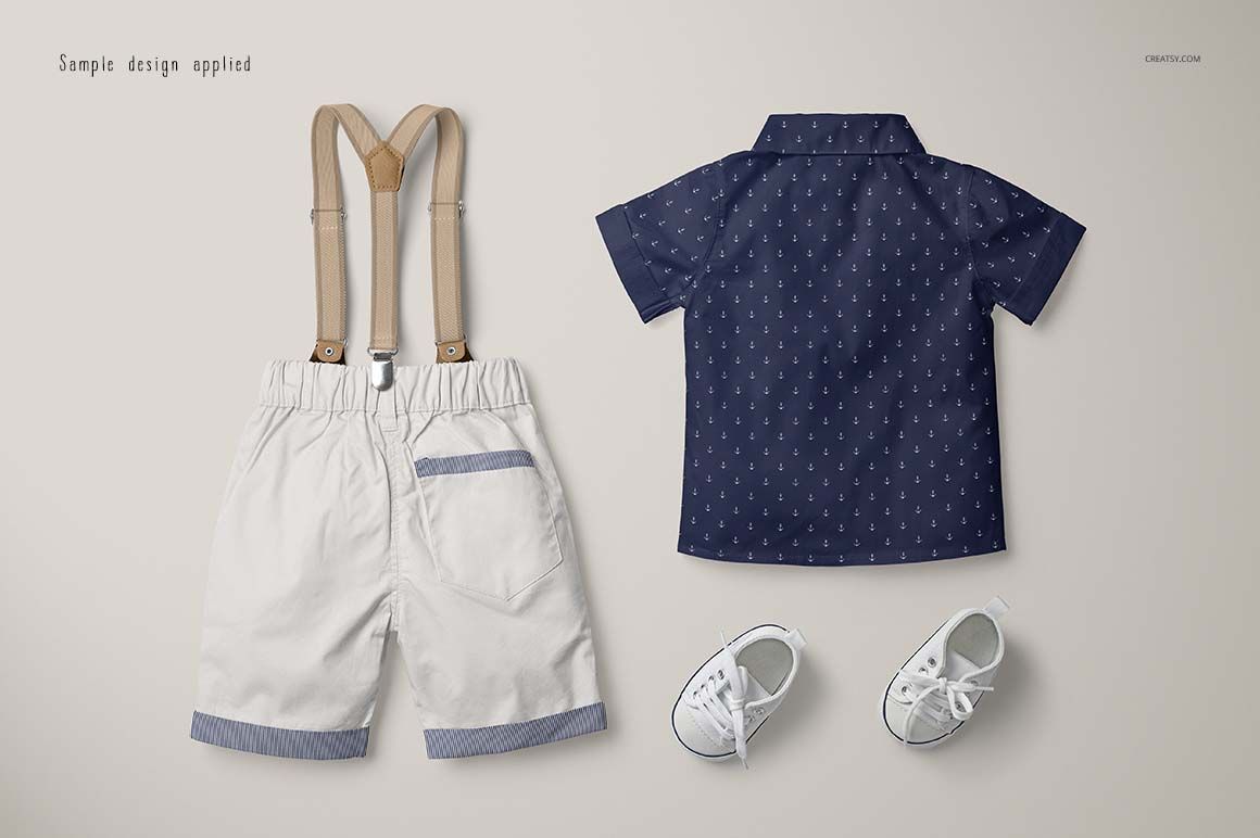 Boys formal set mockup showing a navy patterned shirt, beige shorts with suspenders, and white sneakers on a light background.