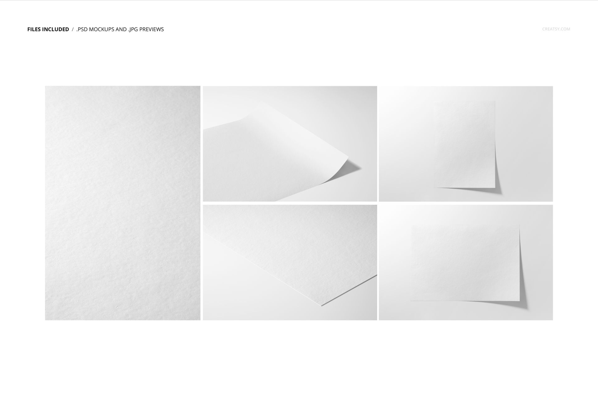 A3 fine art print mockup set showing five white sheets of paper on a white background from various angles.