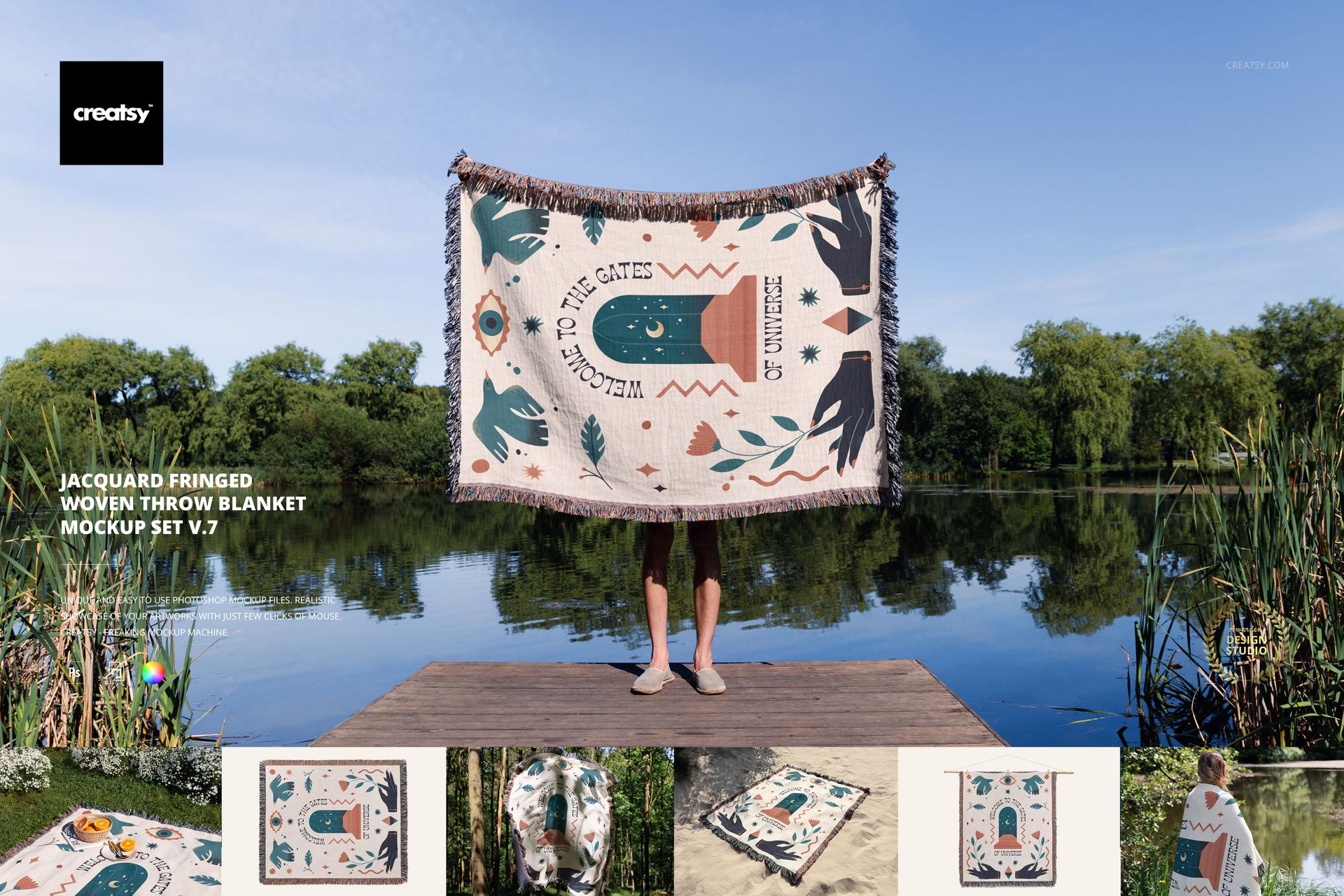 Fringed woven throw blanket mockup featuring colorful geometric designs, displayed outdoors near water and greenery.
