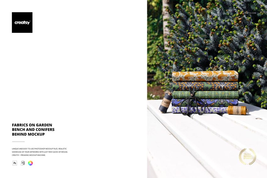 Fabrics on Garden Bench and Conifers Behind Mockup - mockup screenshot 1