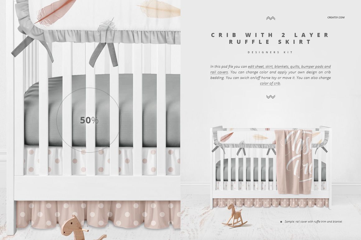 Front view of a white crib with gray bedding, ruffled polka dot skirt, and soft nursery decor in a mockup scene.