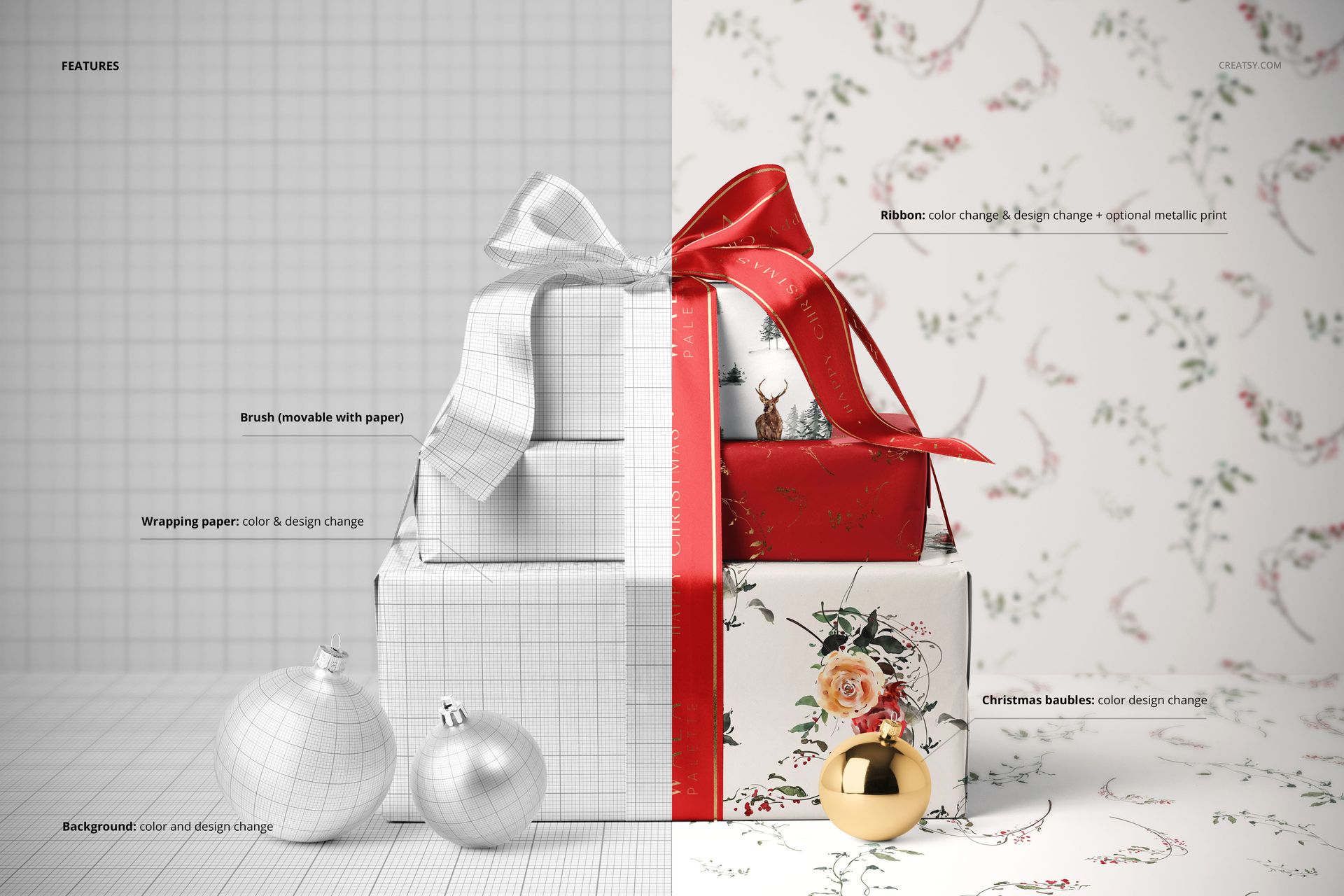Three stacked Christmas gift boxes with decorative ribbons and baubles, shown in a split design mockup with grid and festive patterns.